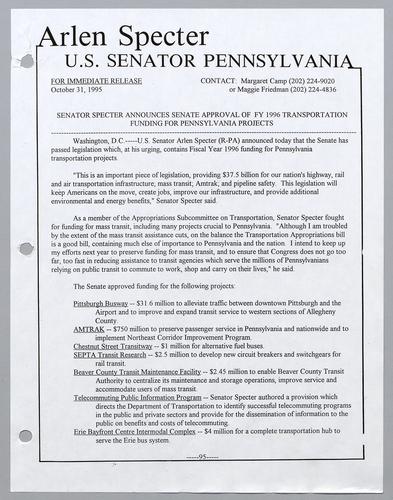 Senator Specter announces Senate approval of fiscal year 1996 transportation funding for Pennsylvania projects