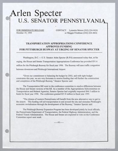 Transportation Appropriations Conference approves funding for Pittsburgh busway at urging of Senator Specter
