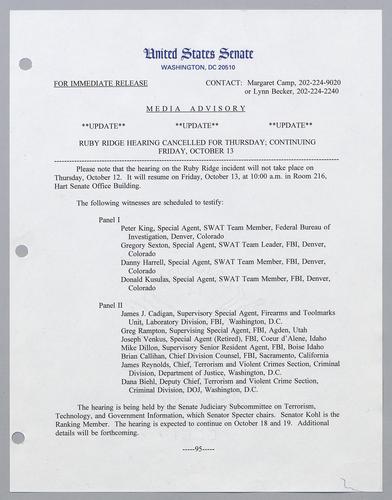 Ruby Ridge hearing cancelled for Thursday; continuing Friday, October 13