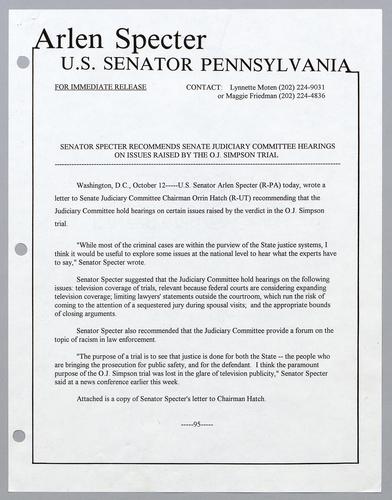 Senator Specter recommends Senate Judiciary Committee hearings on issues related to the O.J. Simpson trial