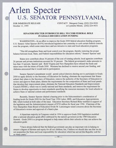 Senator Specter introduces bill to curb federal role in Goals 2000 education funding