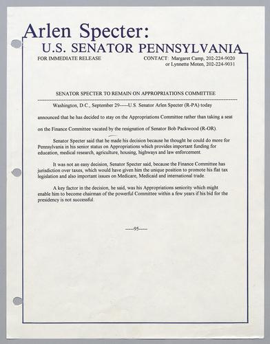 Senator Specter to remain on Appropriations Committee