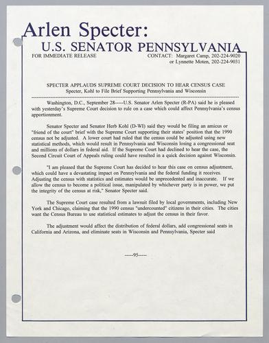 Specter applauds Supreme Court decision to hear census case