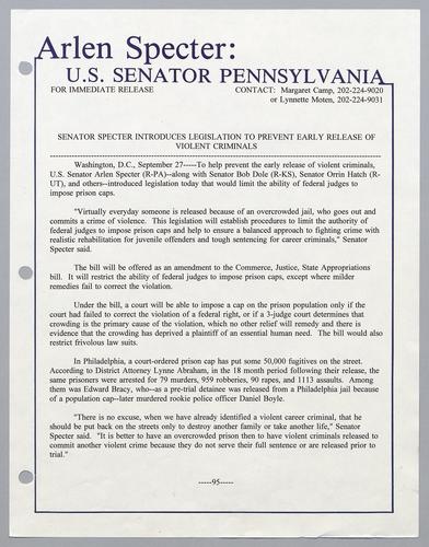 Senator Specter introduces legislation to prevent early release of violent criminals