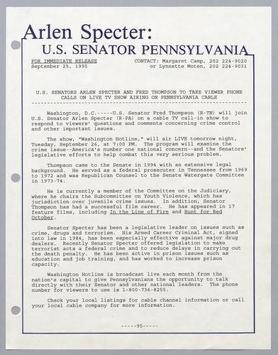 U.S. Senators Arlen Specter and Fred Thompson to take viewer phone calls on live TV show airing on Pennsylvania cable