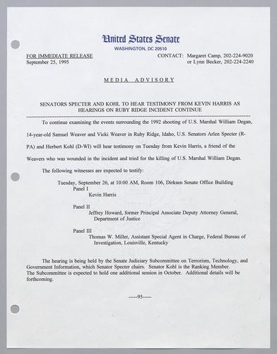 Senators Specter and Kohl to hear testimony from Kevin Harris as hearings on Ruby Ridge incident continue