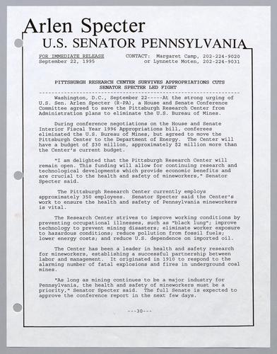 Pittsburgh Research Center survives appropriations cuts Senator Specter led fight