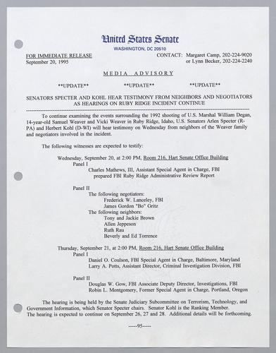 Senators Specter and Kohl to hear testimony from neighbors and negotiators as hearings on Ruby Ridge incident continue