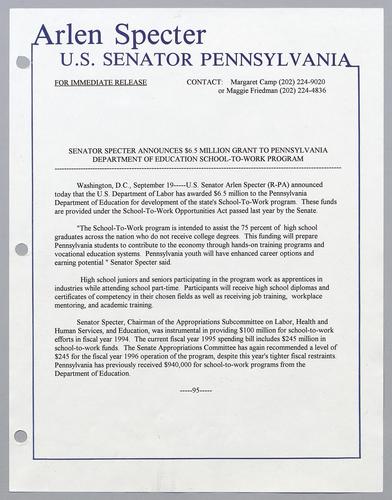Senator Specter announces $6.5 million grant to Pennsylvania Department of Education School-to-Work program