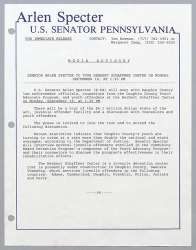 Senator Specter to tour Herbert Schaffner Center on Monday