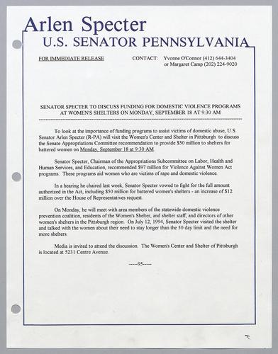 Senator Specter to discuss funding for domestic violence programs at women's shelters on Monday
