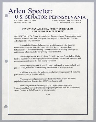 Pennsylvania elderly nutrition program wins initial Senate funding