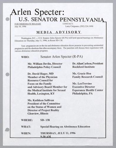 Senator Specter will hold special hearings on abstinence education on Thursday, July 11