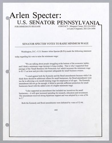 Senator Specter votes to raise minimum wage