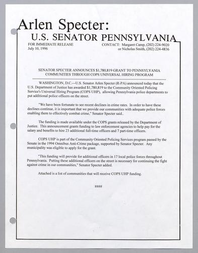 Senator Specter announces $1,780,819 grant to Pennsylvania communities through COPS universal hiring program