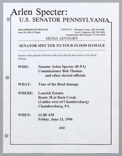 Senator Specter to tour flood damage