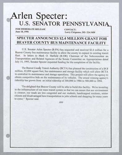 Specter announces $2.4 million grant for Beaver County bus maintenance facility