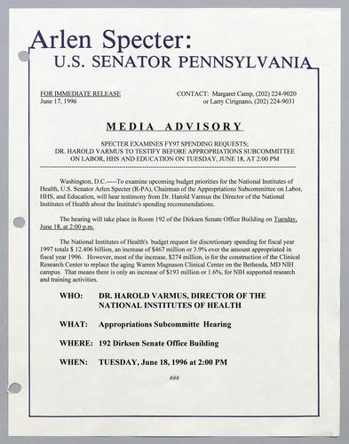 Specter examines fiscal year 1997 spending requests; Dr. Harold Varmus to testify before Appropriations Subcommittee on Labor, HHS, and Education on Tuesday, June 18, at 2:00 pm
