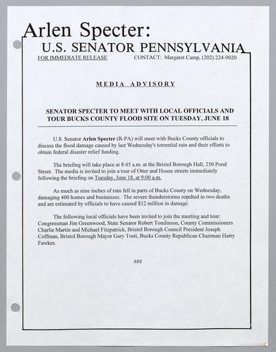 Senator Specter to meet with local officials and tour Bucks County flood cite on Tuesday