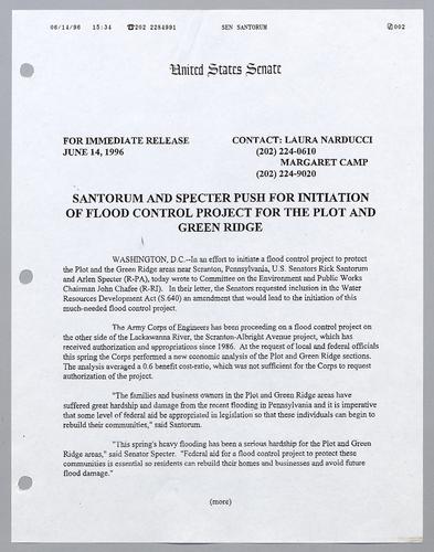 Santorum and Specter push for initiations of flood control project for the Plot and Green Ridge