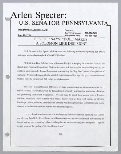 Specter says: "Dole makes a Solomon like decision,"