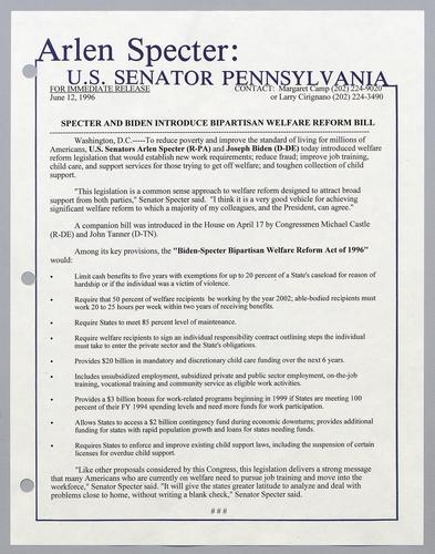 Specter and Biden introduce bipartisan welfare reform bill