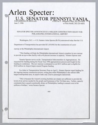 Senator Specter announces $13.4 million construction grant for Philadelphia International Airport
