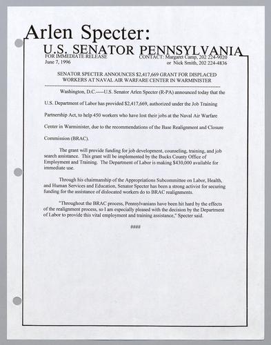 Senator Specter announces $2,417,669 grant for displaced workers at Naval Air Warfare Center in Warminster