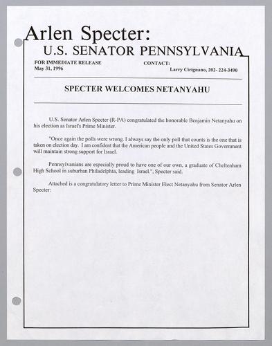 Specter welcomes Netanyahu