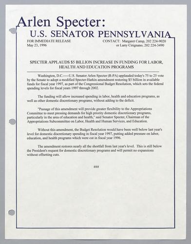 Specter applauds $5 billion increase in funding for labor, health, and education programs