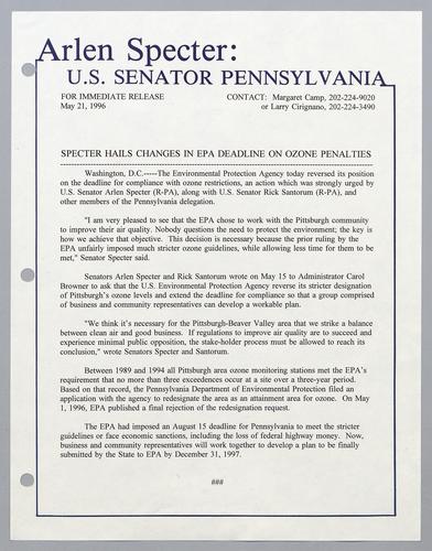 Specter hails changes in EPA deadline on ozone penalties