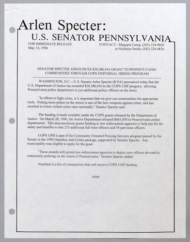 Senator Specter announces $20,386,416 grant to Pennsylvania communities through COPS universal hiring program