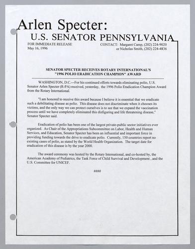 Senator Specter receives Rotary International's "1996 Polio Eradication Champion" Award