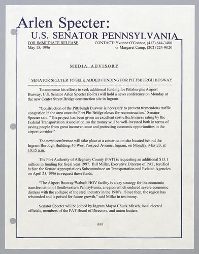 Senator Specter to seek added funding for Pittsburgh busway