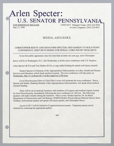 Christopher Reeve and Senators Specter and Harkin to hold news conference; discuss funding for spinal cord injury research