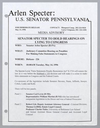 Senator Specter to hold hearings on lying to Congress