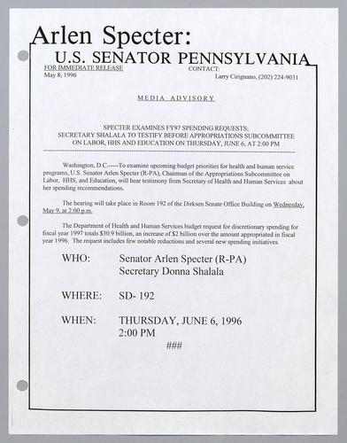 Specter examines fiscal year 1997 spending requests; Secretary Shalala to testify before Appropriations Subcommittee on Labor, HHS, and Education on Thursday, June 6, at 2:00 pm