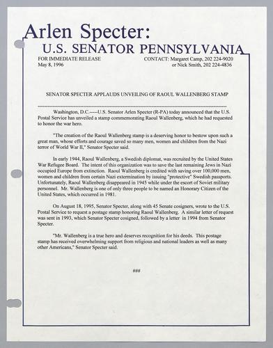 Senator Specter applauds unveiling on Raoul Wallenberg stamp
