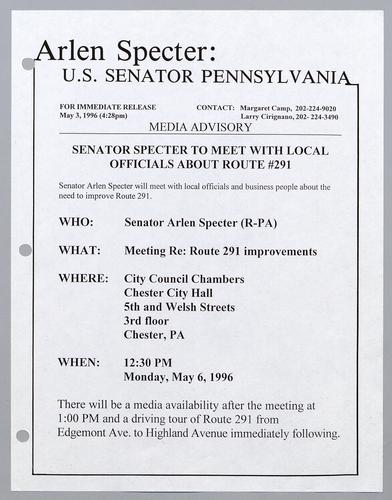 Senator Specter to meet with local officials about Route 291