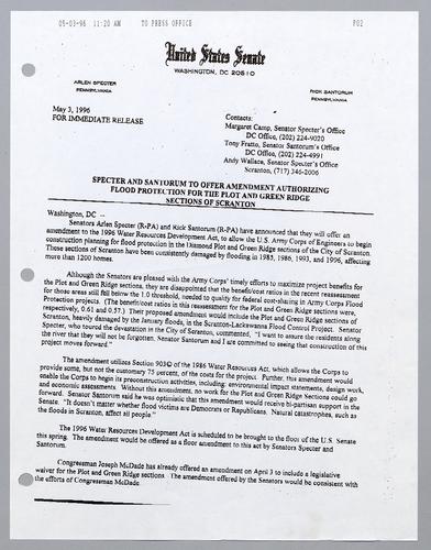 Specter and Santorum to offer amendment authorizing flood protection for the Plot and Green Ridge sections of Scranton