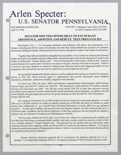 Senator Specter offers bills to encourage abstinence, adoption, and reduce teen pregnancies