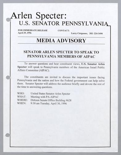 Senator Specter to speak to Pennsylvania members of AIRPAC