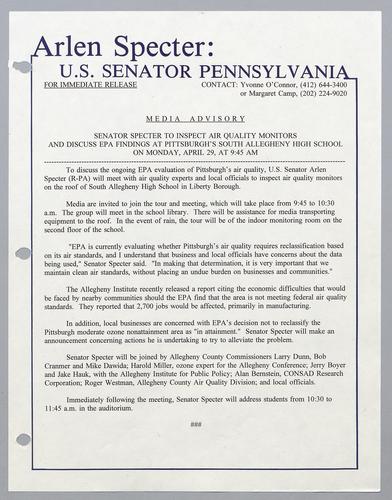 Senator Specter to inspect air quality monitors and discuss EPA findings at Pittsburgh's South Allegheny High School