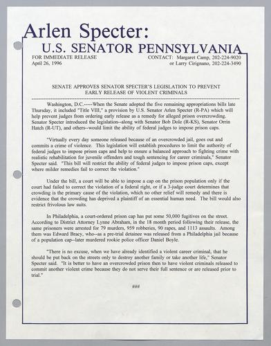 Senate approves Senator Specter's legislation to prevent early release of violent criminals