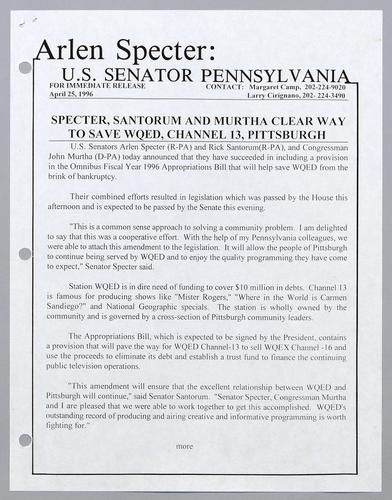Specter, Santorum, and Murtha clear way to save WQED, Channel 13, Pittsburgh