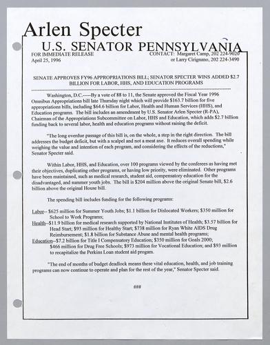 Senator Specter approves fiscal year 1996 appropriations bill; Senator Specter wins added $2.7 billion for labor, HHS, and education programs