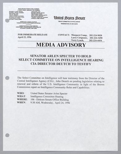 Senator Arlen Specter to hold select committee on intelligence hearing CIA Director Deutch to testify