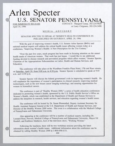Senator Specter to speak at women's health conference in Philadelphia on Saturday