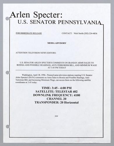 U.S. Senator Arlen Specter's comments on Iranian arms sales to Bosnia and possible hearings, anti-terrorism bill, and minimum wage at 3:45 pm today