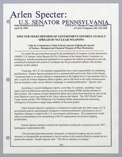 Specter seeks reform of government efforts to halt spread of nuclear weapons